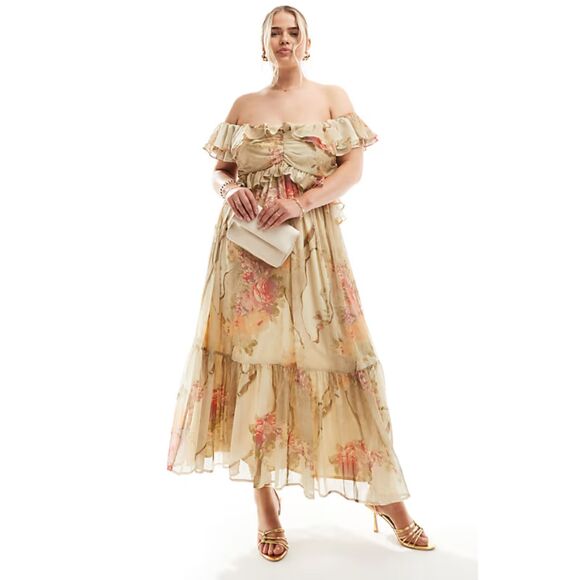 ASOS Curve Floral Patchwork Off‑Shoulder Cut‑Out Tiered Ruffle Midi Dress XL - Picture 1 of 12